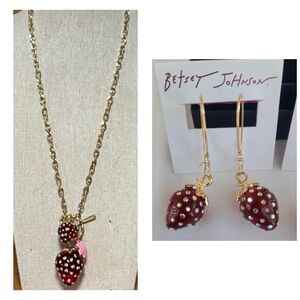 BETSEY JOHNSON SET Translucent Red Strawberry w Crystals Earrings & Necklace NWT